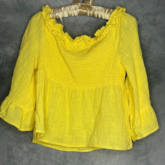 Love Tree Top Women Lg Babydoll Yellow Cotton Flare Sleeve Boho Hippie Peasant - Picture 3 of 9